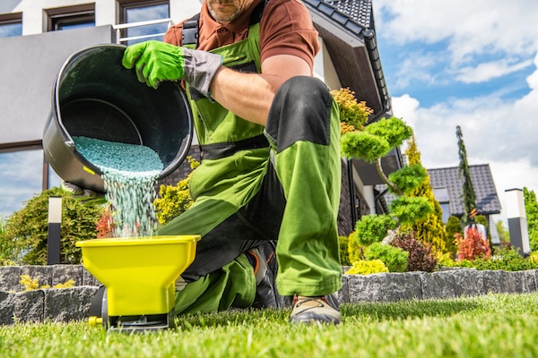 man putting lawn fertilizer in a spreader